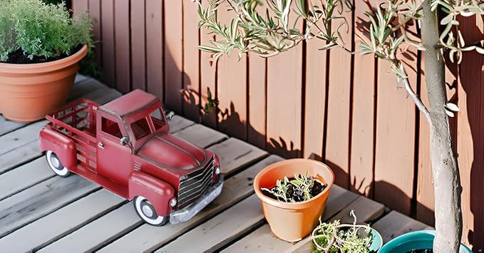 Metal Truck Decor,Farmhouse Truck Decor,Decorative Tabletop Storage & Pick-up Metal Truck Planter, 12.5" x 5.75" x 6.25" inches (Red)