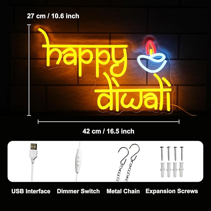 Happy Diwali Neon Sign Festival of Light Decorations - Chanukah Neon Light Orange Dimmable Deepavali LED Sign - Hanukkah Light Up Signs for Home Bar Decor Party Supplies