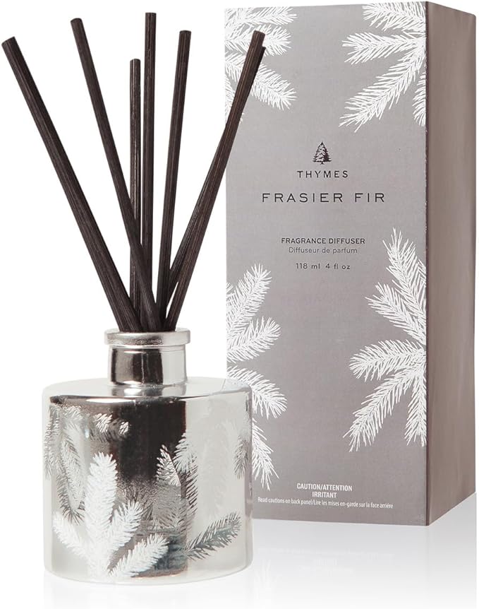 Thymes Frasier Fir Reed Diffuser Set – Includes Reeds, Fragrance Oil, and Frosted Glass Bottle – Fragrance Oil Diffuser – Room Fresheners – Luxury Home Decor – Silver (Statement, 4 fl oz)