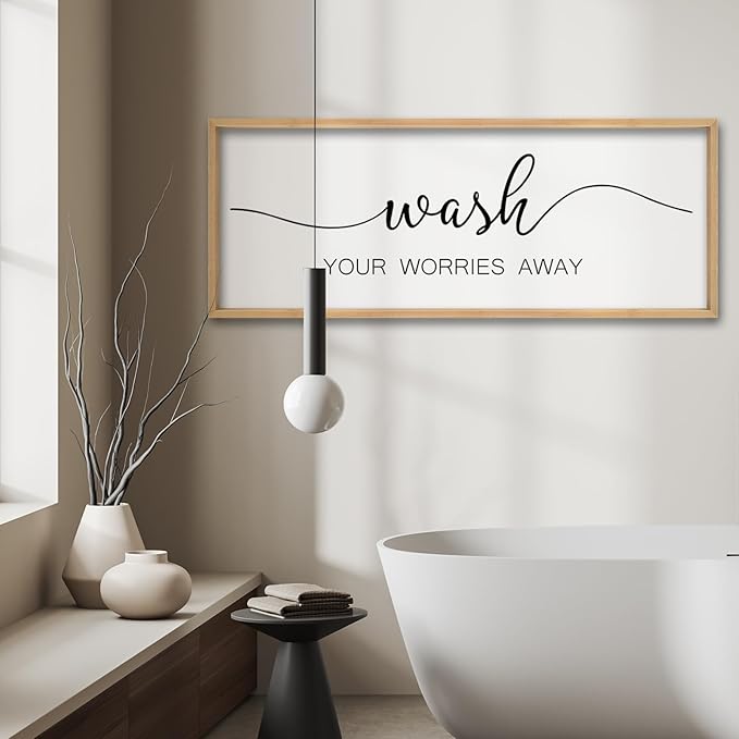 ZZJJHYWGQ Wash Your Worries Away Bathroom Wall Decor 32x12 Inch Laundry Room Funny Large Sign Wooden Framed Wall Hanging Art (Wood)