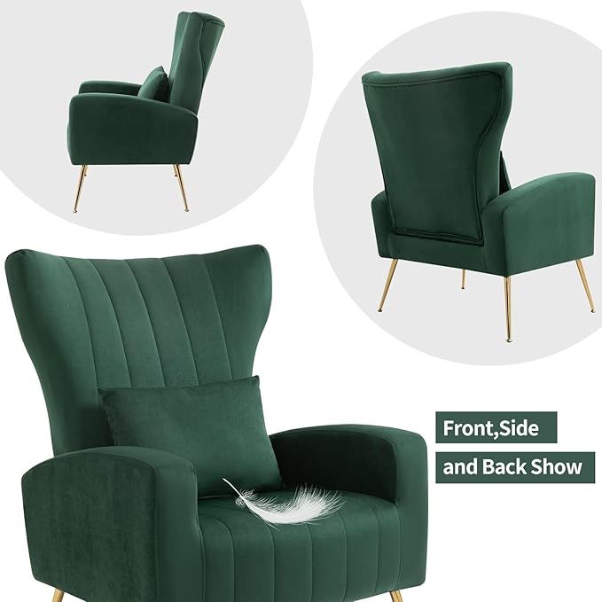 X-VOLSPORT Velvet Accent Chair, Mid Century Modern High Back Living Room Chair with Waist Pillow, Upholstered Arm Chair with Metal Gold Legs for Bedroom, Club, Green
