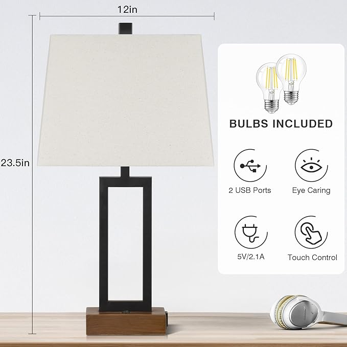 23.5" Table Lamps Set of 2, Modern Black Bedside Lamps with 2 USB Ports & AC Outlet, Contemporary Nightstand Lamps with Wood Base for Bedroom Living Room(LED Bulb Included)