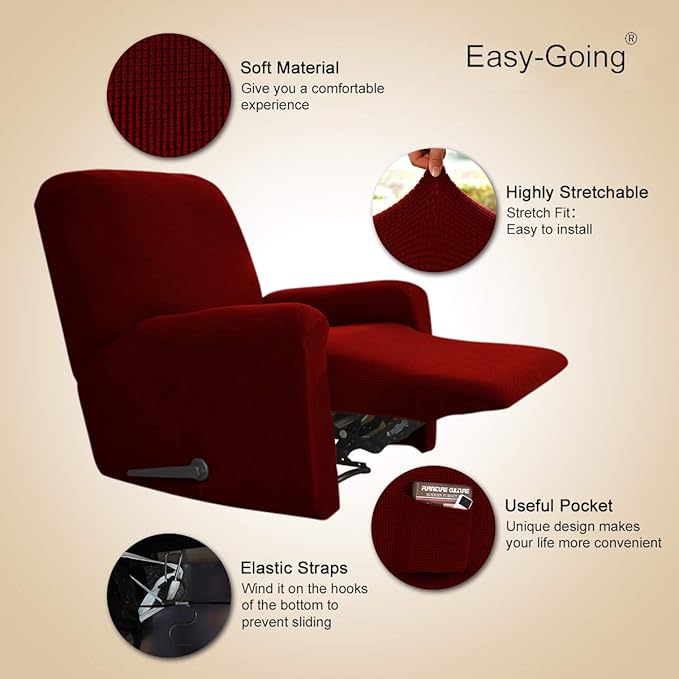 Easy-Going Recliner Stretch Sofa Slipcover Sofa Cover 4-Pieces Furniture Protector Couch Soft with Elastic Bottom Spandex Jacquard Fabric Small Checks(Recliner,Wine) Large