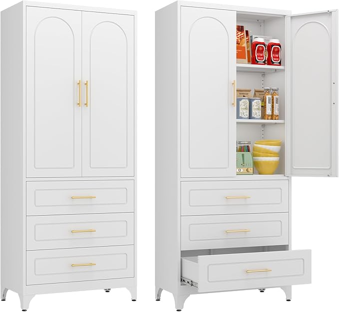 Kitchen Pantry Cabinet, 75" Tall Pantry Cabinet with Three Drawers, Freestanding Food Cupboard with Doors and Shelves, Metal Storage Cabinets for Dining, Living Room, White, Assembly Required