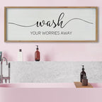 SRSZHIYUE Wash Your Worries Away Bathroom Sign Wall Art 40"x15" Funny Restroom Toilet Large Wood Framed Hanging Decor (Wood)