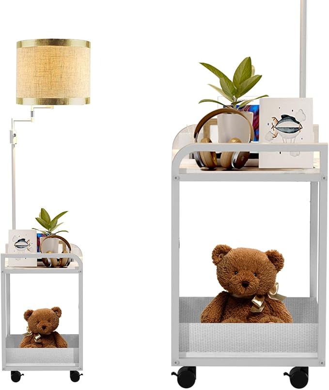 Lightdot 63IN Floor Lamps with Storage Table&Basket, Modern Standing Tall Lamps with Adjustable Fabric Lampshade and Movable&Fixed Casters, Coner End Table Lamp for Living Room/Bedroom/Office-White