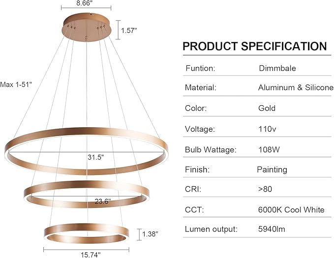 MADEM Modern LED Chandelier 3-Ring Circular Dimmable Pendant Light Contempoary Chanderlier Flush Mount Pendant Lighting for Living Room Dining Room, Bedroom,3000K-6000K,Gold