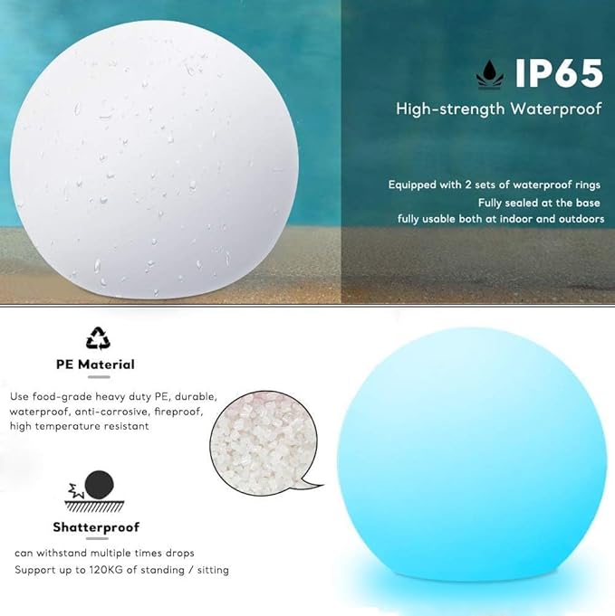 LED Night Light Ball Globe Lamp with Remote 8 Inch 16 RGB Colors Dimmable Mood Lights Rechargeable Outdoor Globe Light for Patio Nursery or Home Decor IP65 Waterproof Ball Light
