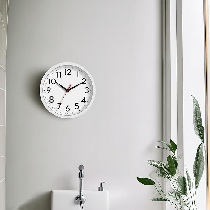 Wall Clock Modern Battery Operated 10 Inch Simpel Silent Non Ticking Analog Decorative for Kitchen Bathroom Bedroom Office Living Room School Classroom(White)