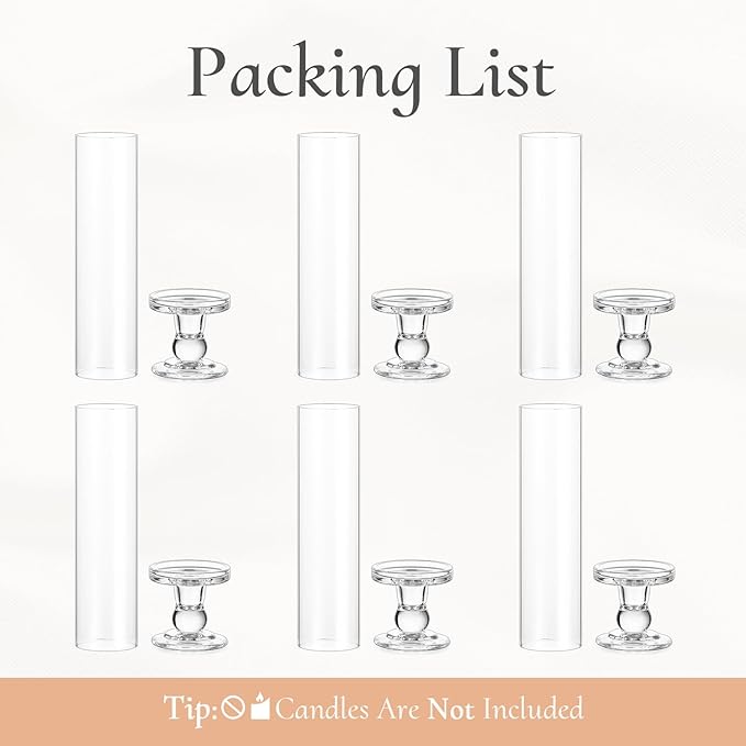 Hurricane Glass Taper Candle Holder: 6Pcs Tall Hurricane Candle Holder for Home Clear Tapered Candlestick Holders with Open Ended Sleeve Glass Candle Stick Holder for Table Centerpieces