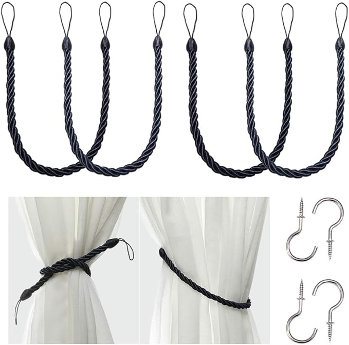 BEL AVENIR Curtain Rope Tiebacks, Drapery Rope Holdbacks with 4 Metal Screw Hooks (Navy, 4pack)