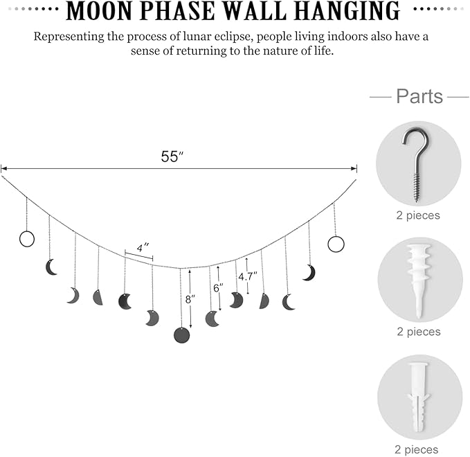 Mkono Moon Phase Wall Hanging Boho Aesthetic Room Decor Metal Moons Garland Hanging Art Bohemian Home Decoration for Girls Room Nursery Bedroom Livingroom Dorm, Ideal, Black, 55"