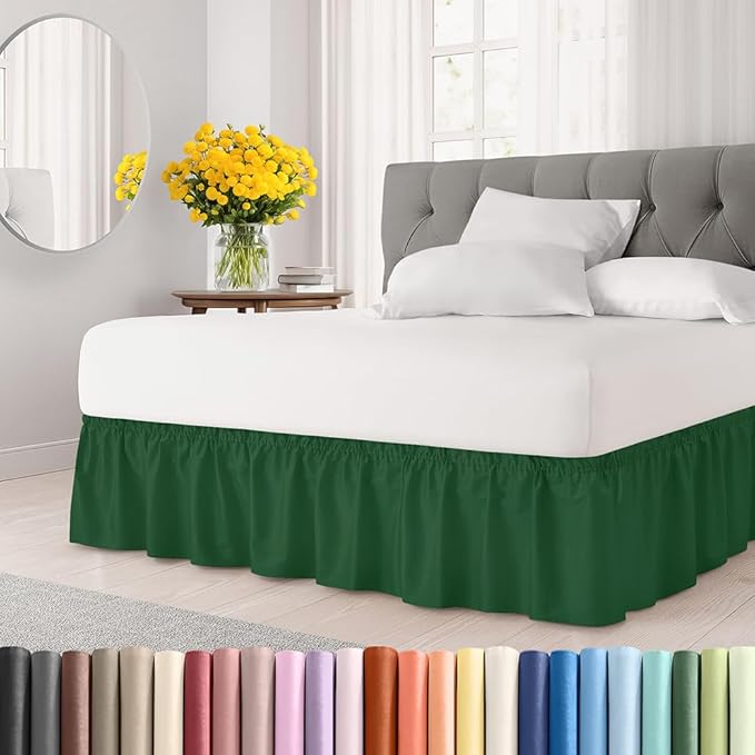 Wrap Around Dust Ruffle Bed Skirt - Emerald - for King Size Beds w/ 15 Inch Drop - Easy Fit Elastic Strap - Adjustable Pleated Bedskirt w/Brushed Fabric - Wrinkle Free - for Women, Men, Kids & Teens