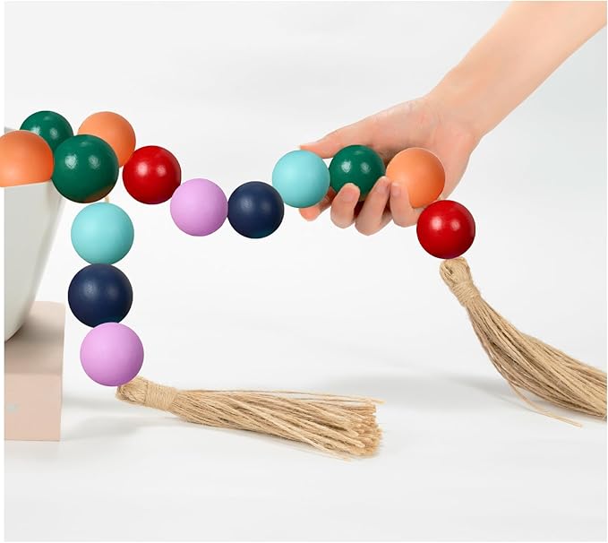 OMISHE Extra Large Wood Bead Garland Colorful with 1.6" Diameter Wooden Beads and Tassels, 41" Long Rustic Farmhouse Country Decorative Beads for Home Tiered Tray Decor, Colorful