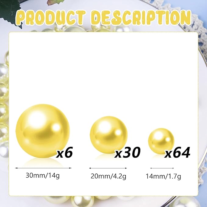 100PCS Yellow Faux Pearls Beads for Centerpiece Vases, Vase Filler Faux Pearls, No Holes Filler Beads for Party Anniversary Birthday Wedding Table Decor, 14/20/30mm