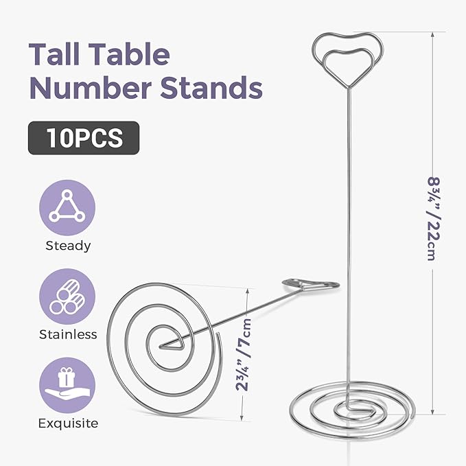Table Number Holders 10Pcs - 8.75 inch Heart Shaped Place Card Holder Tall Table Number Stands for Wedding Party Graduation Reception Restaurant Home Centerpiece Decoration Memo (Silver)