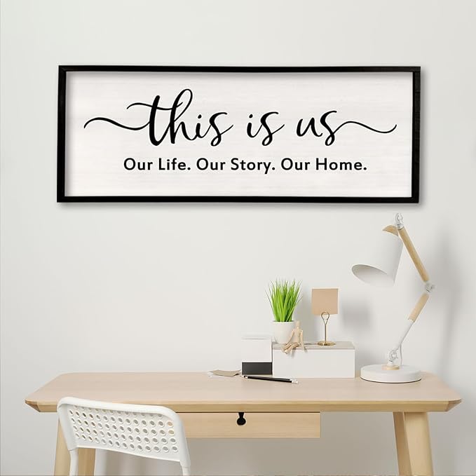 This is us Wall Decor Sign 32'' x 12'' Large Master Bedroom Home Life Story Wood Framed Vintage Family Sign Rustic Plaque Living Room Minimalist Farmhouse Hanging Wall Art (Black)