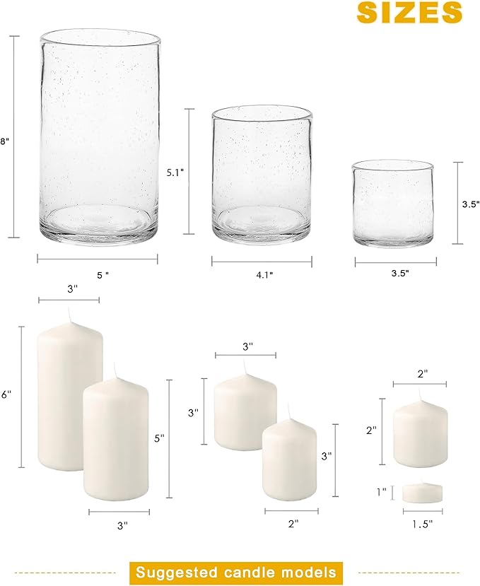ARIAMOTION Hurricane Glass Candle Holders Set, Pillar Votive,Clear Seeded Bubbles Cylinder Vase,Modern Rustic Table Centerpieces Bulk, 3 Sizes 8 Inch 5 Inch 3.5 Inch Height