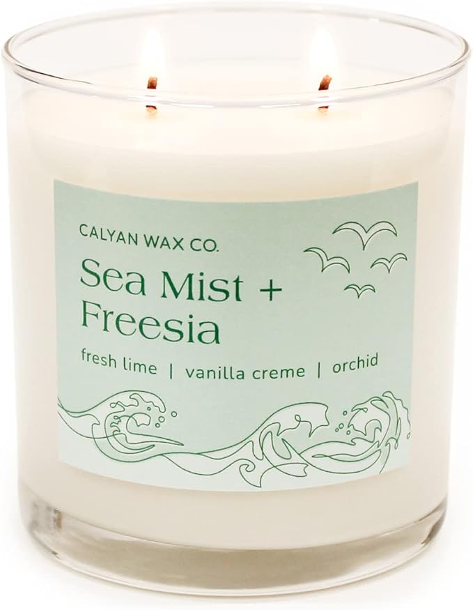 Calyan Wax Co. 2 Wick Candle, Sea Mist + Freesia Scented Candle, 37 Hour Burn Time, Aromatherapy Soy Candles, Non Toxic & Vegan Soy Wax, Glass Tumbler Scented Candles, 12.5oz