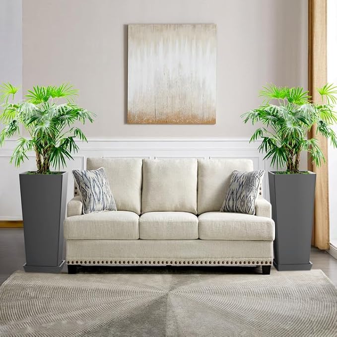 FENCY Set of 2 Tall Planters for Outdoor Plants, 24 Inch Large Tapered Pots with Drainage Trays, Weather-Resistant Plastic Plant Containers for Patio, Porch, Garden, Front Door Decor,Gray