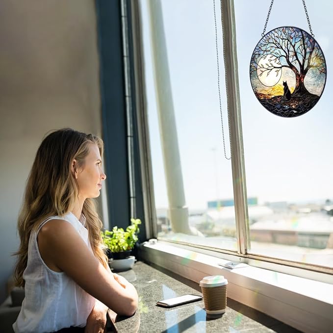 Cat with Tree of Life Suncatcher Stained Glass Window Hanging - 8” Stained Glass Suncatchers for Windows - Sun Catchers Indoor Window Catcher with Hooks and Chain - Birthday Gifts for Mom Grandma