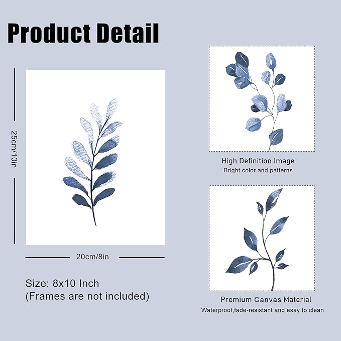 Navy Blue Botanical Art Set of 6, Minimalist Abstract Prints Watercolor Blue White Leaf Plant Wall Decor Canvas Painting, Boho Floral Wall Decor for Bedroom, Living