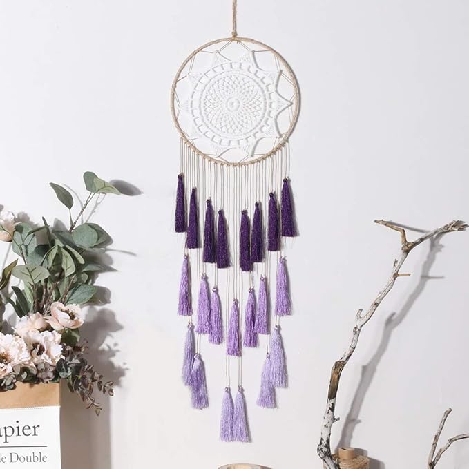 Artilady Macrame Dream Catchers for Bedroom - Tassel Wall Hanging Handmade Dreamcatchers Home Decor with Tassel Feather Ornament Craft Blessing Gift (Purple)