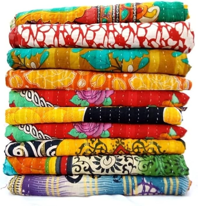 Wholesale Lot of Indian Vintage Kantha Quilt Handmade Throw Reversible Multicolor Cotton Fabric Bohemian Kantha Blanket 85X55 Inch 2 Pcs Lot