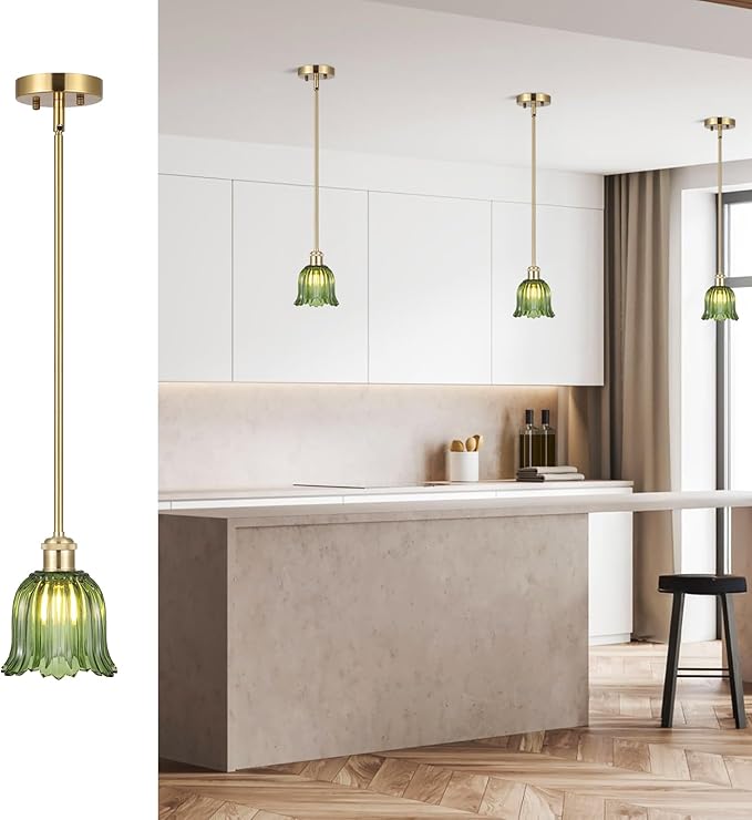 Modern Gold Pendant Light Brushed Brass Mid Century Chandelier Green Glass Shades Adjustable Rods Farmhouse Ceiling Hanging Lighting Fixture Kitchen Island Dining Room Bedroom