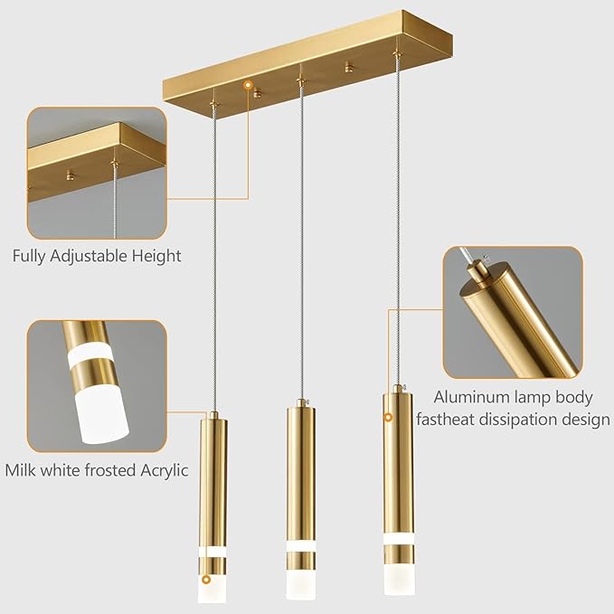 3-Light Dining Room Modern Pendant Light Kitchen Fixture Dimmable LED Gold Mini Pendant Lighting fo Kitchen Island Study Pendant Lights