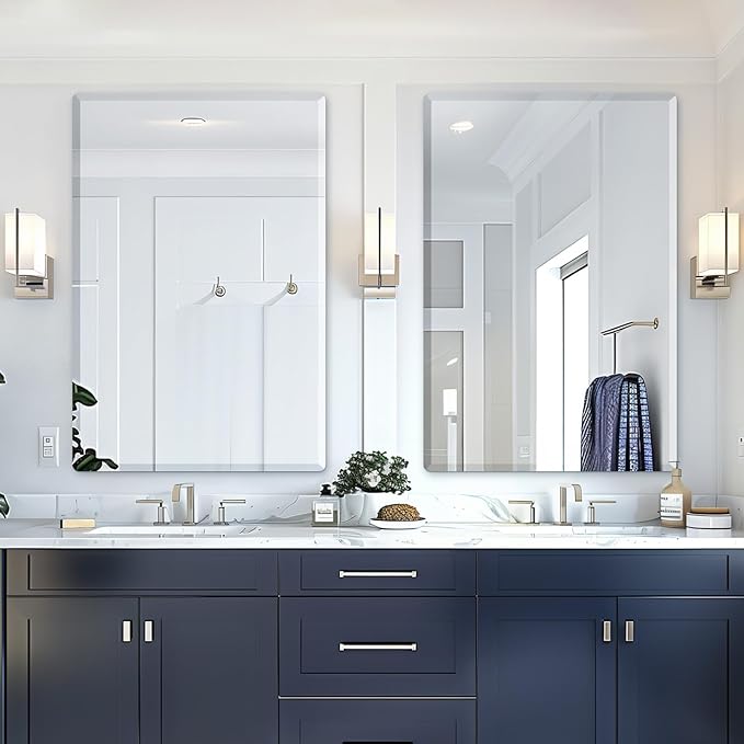 Mirrorons Beveled Mirror, Wall Mirror 24" x 36", Frameless Rectangle Bathroom Mirror with Beveled Edge, Hangs Horizontally or Vertically. Rounded Corner Tempered