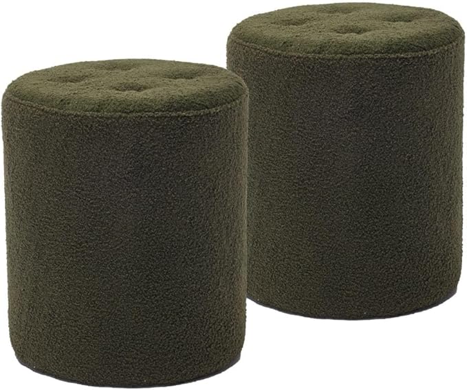 Modern Round Ottoman 2Pcs, Classic Foot Stool Ottoman, Teddy Fleece Upholstered Vanity Stool for Makeup, Bedroom, Living Room, Dark Green