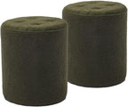 Modern Round Ottoman 2Pcs, Classic Foot Stool Ottoman, Teddy Fleece Upholstered Vanity Stool for Makeup, Bedroom, Living Room, Dark Green
