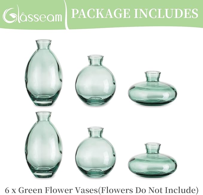 Small Glass Bud Vase for Centerpieces, 6Pcs/2Sets Green Modern Small Mini Flowers Vases Short Minimalist Aesthetic Vintage Cute Handmade Tiny Wedding Table Centerpiece for Single Flower Rose