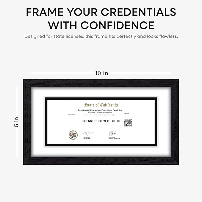Homeforia 5x10 Business License Frame Black, High End Oak 5 x 10 Black Wood Document Certificate Frame with Mat 4x9, 10x5 Wooden Picture Frames for Wall or Tabletop, Tempered Glass, Wall Kit, Set of 1