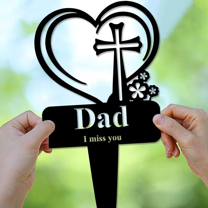 Dad Memorial Grave Stake, Cemetery Decorations for Grave Markers 12.5 x 7.2 inch Heart Metal Sympathy Stakes Graveside Plaque Decor Sign for Father Graves, Yard, Garden - Black-Dad