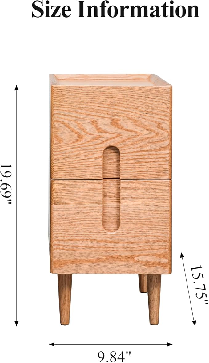 Mid Century Modern Nightstand, Narrow Nightstand, Minimalist Side Table for Bedroom, 2-Drawer Bedside Tables, (Natural, 9.84inches)