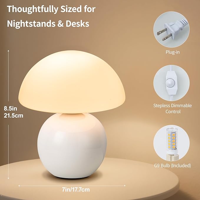 Mushroom Table Lamp, Ceramic Base with Milky White Glass Shade, Vintage Dimmable Bedside Nightstand Lamp for Bedroom, Reading, Home Décor, Gift for Friends White