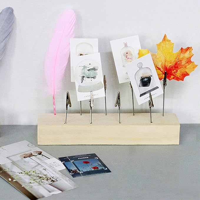 Mollytek Wood Desktop Photo Holder with Clips Multi Photo Display Stand Double Side Memos, Cards, Gallery Picture Display Stand with 9 Wire Clips (9 Clips)