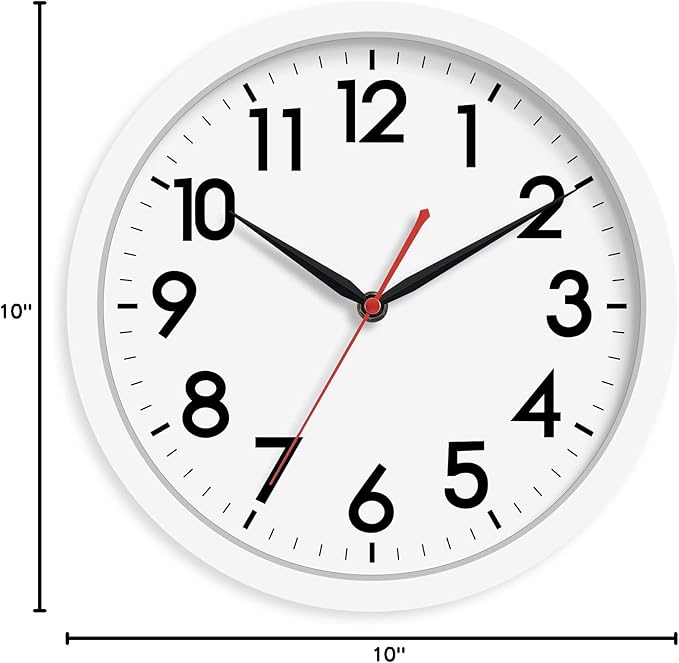 AKCISOT Wall Clock Silent Non Ticking Modern Wall Clocks Battery Operated 10 Inch, Analog Small Classic Clock Decorative for Bedroom, Kitchen, Home Office, Bathroom, School, Living Room (White)