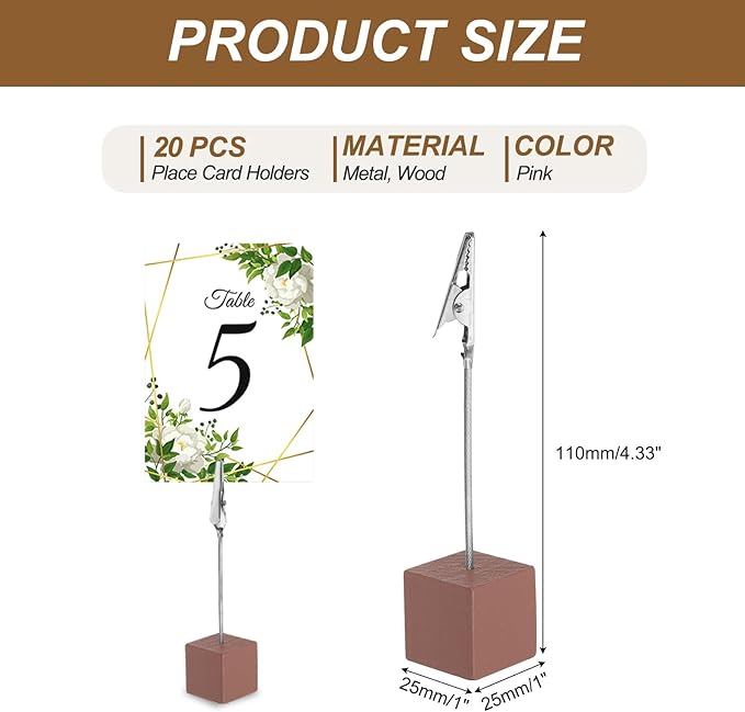 PATIKIL Place Card Holder, 20Pcs Memo Clip Holder Stand with Alligator Clasp Table Number Holders Wooden Base for Pictures Note Card Paper, Dark Pink