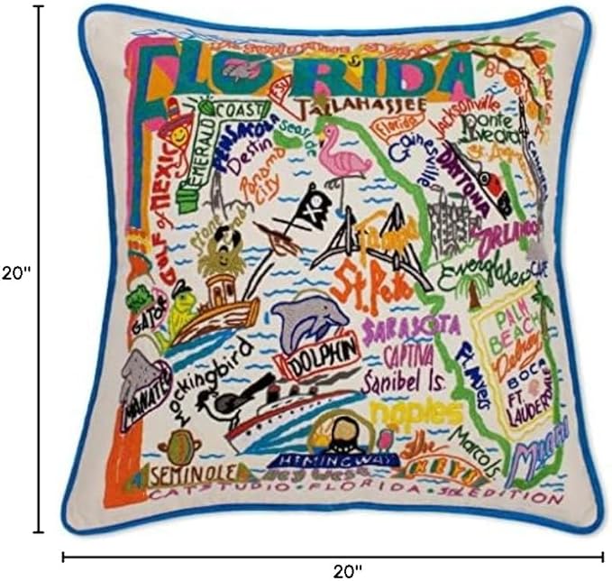 Catstudio Florida Embroidered Pillow - U.S. State Souvenir Decorative Throw Pillow with Original Artwork for Florida Lovers, Travel Souvenir