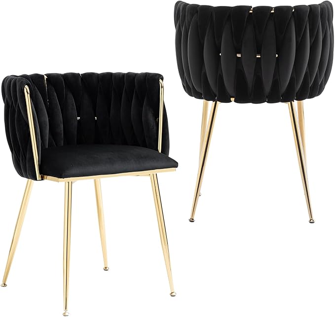 Nrizc Woven Dining Chairs Set of 2, Velvet Upholstered Dining Chairs with Gold Metal Legs, Modern Accent Chairs for Living Room, Dining Room, Kitchen (Black)