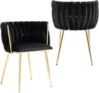 Nrizc Woven Dining Chairs Set of 2, Velvet Upholstered Dining Chairs with Gold Metal Legs, Modern Accent Chairs for Living Room, Dining Room, Kitchen (Black)