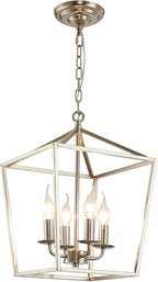 4-Light Brushed Nickel Farmhouse Chandelier, 12" Industrial Ceiling Light Lantern Pendant Light with Metal Cage Adjustable Height Rustic Hanging Light E12 Base for Kitchen Island Dining Room Entryway