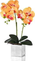 Artificial Potted Orchid Faux Phalaenopsis Silk Flowers Bonsai Realistic Arrangement in Silver Vase for Home Decoration Table Centerpiece, Orange