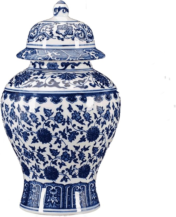 Chinese Decorative Ceramic Temple Jar Traditional Oriental Blue and White Porcelain Ginger Jar Vase with Lid,H12.20 inch