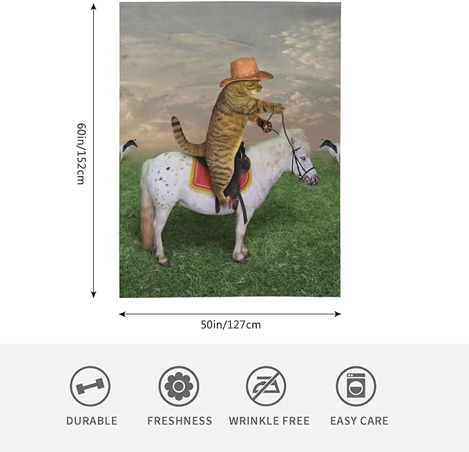 HGOD DESIGNS Funny Cat Throw Blanket Ultra Soft Warm All Season The Cat Cowboy on a Horse Decorative Fleece Blankets for Bed Chair Car Sofa Couch Bedroom 50"X60"