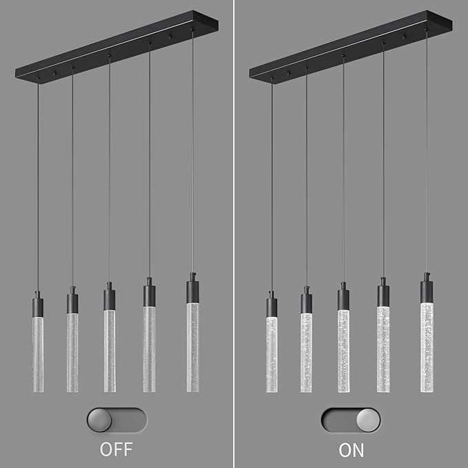 Kitchen Island Lighting Modern Light Fixture Black Pendant Light Dimmable LED Black Finish Mini Crystal Pendant Lights for Dining Room Living Room（5-Light）