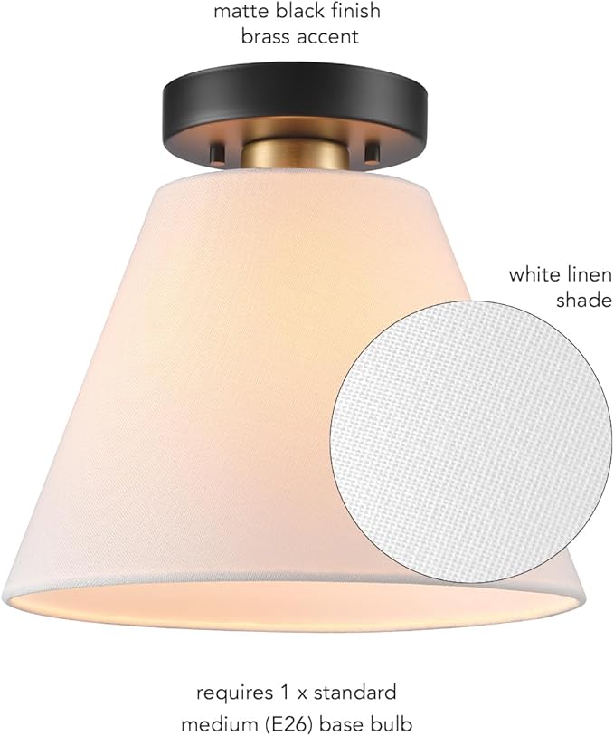 Globe Electric 1-Light Semi-Flush Mount Ceiling Light, Matte Black, Matte Brass Accent, White Linen Shade, Home Improvement, Dining Room, Kitchen